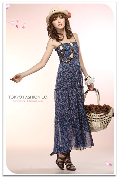 เดรสแฟชั่น Tokyo Fashion - เดรสสายเดี่ยวผ้าชีฟองตัวยาว พิมพ์ลาย สม๊อกช่วงตัว สายเดี่ยวเย็บติด ช่วงกระโปรงแต่งระบาย มีซับ รูปที่ 1