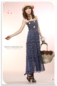 เดรสแฟชั่น Tokyo Fashion - เดรสสายเดี่ยวผ้าชีฟองตัวยาว พิมพ์ลาย สม๊อกช่วงตัว สายเดี่ยวเย็บติด ช่วงกระโปรงแต่งระบาย มีซับ