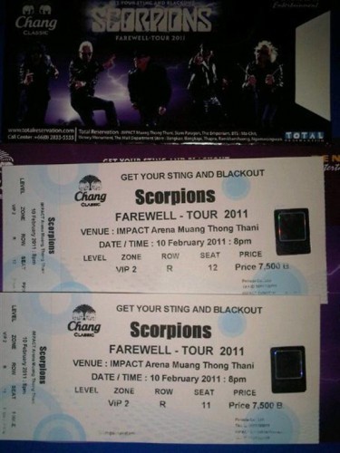 ขาย บัตรคอนเสิร์ต VIP  SCORPIONS FAREWELL-TOUR 2011   2 ใบ รูปที่ 1