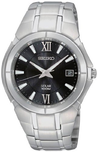 Seiko Black Dial Silver Tone Stainless Bracelet Solar Mens Watch - SNE087 รูปที่ 1