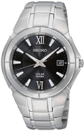 Seiko Black Dial Silver Tone Stainless Bracelet Solar Mens Watch - SNE087