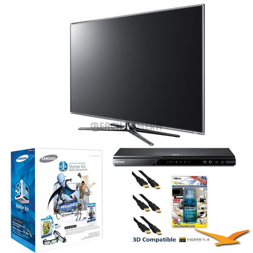 Samsung UN55D7000 55 Inches 1080p 240Hz 3D LED HDTV (Silver) 3D Bundle with UN55D7000, BDD5500 3D Blu Ray Player, SSG-P3100M 3D Starter Kit, Xtreme 6 ft 1.4v HDMI Cables (x3), and TV Screen Cleaning Solution รูปที่ 1