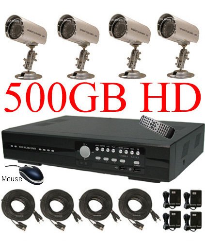 USA Security Store -- CCTV 4 Sharp CCD Day/Night Vision Color Cameras with one 4 Channels Video audio H.264 Security Surveillance DVR Digital Video Recorder System Built-in 500GB HDD, Included 4x65FT video cables and Power Supplies KIT. Supports Network Remote Viewing Over Internet, Windows IE, iPhone, Windows Mobile, and Apple Mac FireFox. ( CCTV ) รูปที่ 1