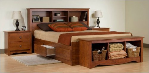 Queen Size Cherry Platform Bed with Bookcase Headboard  รูปที่ 1