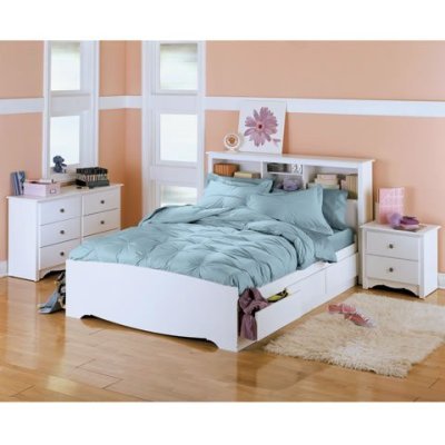 Queen Size White Storage Bed with Bookcase Headboard (Wood bed) รูปที่ 1