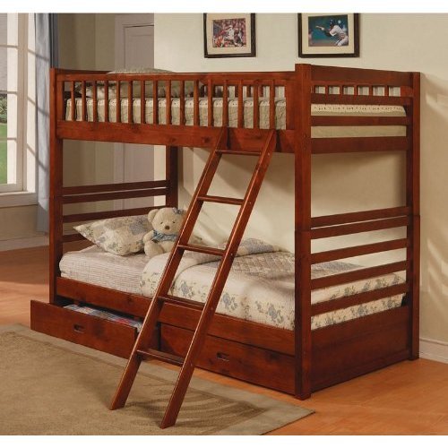 Twin Size Bunk Bed with Storage Drawers in Cherry Oak Finish  รูปที่ 1