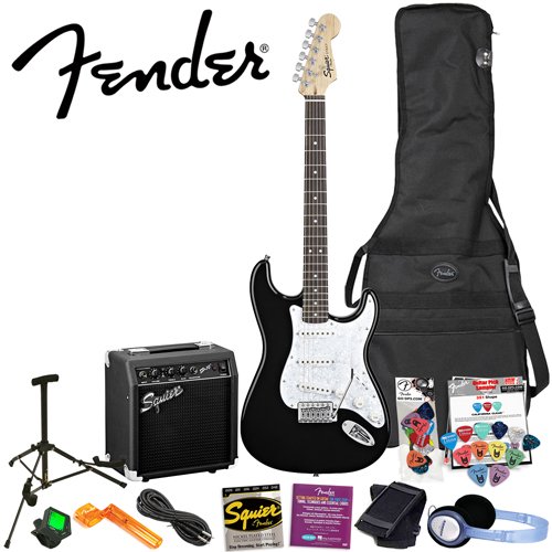 Squier by Fender Stop Dreaming, Start Playing: SE Special Classic Black Strat with Squier SP-10 Amp (Upgrade Pack includes: Fender/ GO-DPS 12 Pack Pick Sampler (Part# DPS-FN-SAMPLER), Squier Strings, String Winder & Samson PH60 Headphones ( Squier by Fender guitar Kits ) ) รูปที่ 1