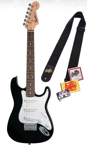 Squier by Fender Mini, Rosewood Fretboard Combo with Levy Nylon Strap, Guitar Strings, Polishing Cloth, and Pick Card - Black ( Guitar Kits ) รูปที่ 1