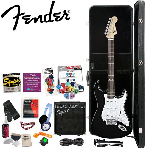 Squier by Fender Stop Dreaming, Start Playing Value Pack: Classic Black SE Special Strat with Squier SP-10 Amp (Upgrade Pack Includes: Fender/ GO-DPS 12 Pack Pick Sampler (Part# DPS-FN-SAMPLER), Squier Strings, Fender String Winder, Samson Headphones, Fender Slick String Cleaner, Fender Polishing Kit, Fender Guitar Slide, Dunlop Capo & MBT Hard Case) ( Guitar Kits ) รูปที่ 1