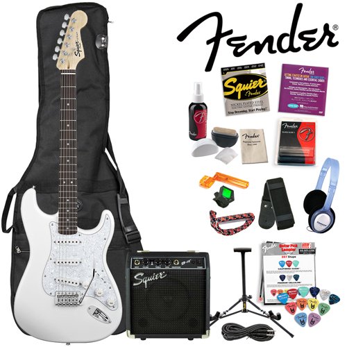 Squier by Fender Stop Dreaming, Start Playing Value Pack: Arctic White SE Special Strat with Squier SP-10 Amp (Upgrade Pack includes: Fender/ GO-DPS 12 Pack Pick Sampler (Part# DPS-FN-SAMPLER), Fender String Winder, Squier Strings, Samson Headphones, Fender Guitar Slide, Dunlop Capo and String Care & Polishing Kit) ( Guitar Kits ) รูปที่ 1