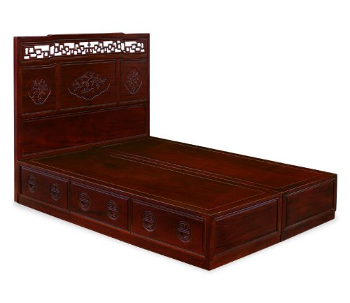 Chinese-Style Queen Size Rosewood Platform Bed - Flower & Bird Design  รูปที่ 1