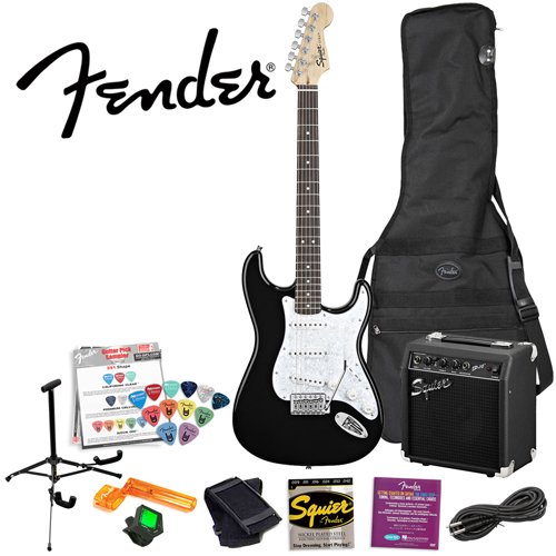 Squier by Fender Stop Dreaming, Start Playing: Classic Black SE Special Strat with Squier SP-10 Amp (Upgrade Pack includes: Fender/ GO-DPS 12 Pack Pick Sampler (Part# DPS-FN-SAMPLER), Squier Strings & String Winder ( Squier by Fender guitar Kits ) ) รูปที่ 1
