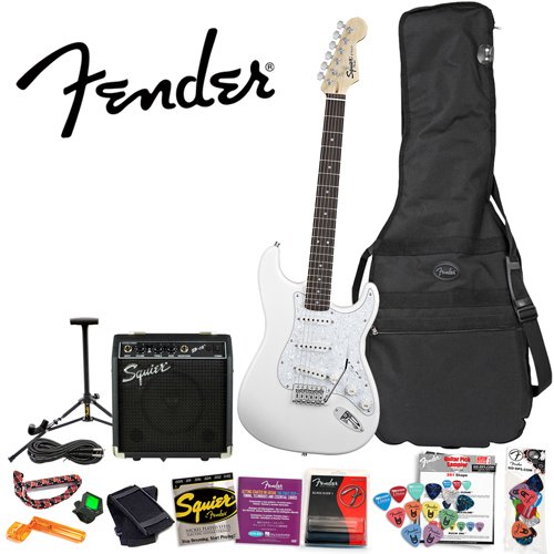 Squier by Fender Stop Dreaming, Start Playing Value Pack: Arctic White SE Special Strat with Squier SP-10 Amp (Upgrade Pack Includes: Fender/ GO-DPS 12 Pack Pick Sampler (Part# DPS-FN-SAMPLER), Fender String Winder, Guitar Slide & Dunlop Capo) ( Squier by Fender guitar Kits ) ) รูปที่ 1