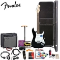 Fender Squier Affinity Special Black Strat Stop Dreaming, Start Playing Set with Essential Upgrade Pack - Includes: Fender/ GO-DPS 12 Pack Pick Sampler (Part# DPS-FN-SAMPLER), Squier Strings, Fender String Winder, Ultra Stand, Dunlop Capo, Fender Guitar Slide, Fender Polishing Kit, Fender String Cleaner & MBT Hard Case ( Squier Affinity guitar Kits ) )