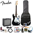 Fender Squier Affinity Black Strat HSS with G-DEC® Junior Amp Stop Dreaming, Start Playing Set with Fender/ GO-DPS 12 Pack Pick Sampler (Part# DPS-FN-SAMPLER), Squier Strings, Fender String Winder, Fender Slide, Dunlop Capo, Samson Headphones, Ultra Stand and Fender Polishing Spray, String Cleaner & Polishing Cloth ( Squier Affinity guitar Kits ) )