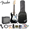 Fender Squier Affinity Black Strat HSS with G-DEC® Junior Amp Stop Dreaming, Start Playing Set with Fender/ GO-DPS 12 Pack Pick Sampler (Part# DPS-FN-SAMPLER), Squier Strings, Fender String Winder, Fender Slide, Capo & Ultra Stand ( Squier Affinity guitar Kits ) )