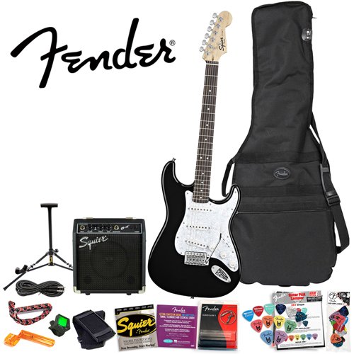 Squier by Fender Stop Dreaming, Start Playing: Black SE Special Strat with Squier SP-10 Amp (Upgrade Pack Includes: Fender/ GO-DPS 12 Pack Pick Sampler (Part# DPS-FN-SAMPLER), Fender String Winder, Guitar Slide & Dunlop Capo) ( Squier by Fender guitar Kits ) ) รูปที่ 1