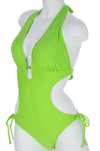 Swimsuit Lime Green Halter Tie Side Monokini Swimsuit with Removable Soft Pads (Type one Piece) รูปที่ 1