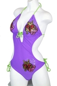 Swimsuit Purple Triangle Top & Tie Side Bottom Sequins Monokini Bathing Suit (Type one Piece)