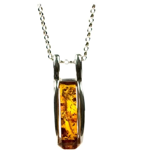 Sterling Silver Honey Amber Rectangular Pendant, 18