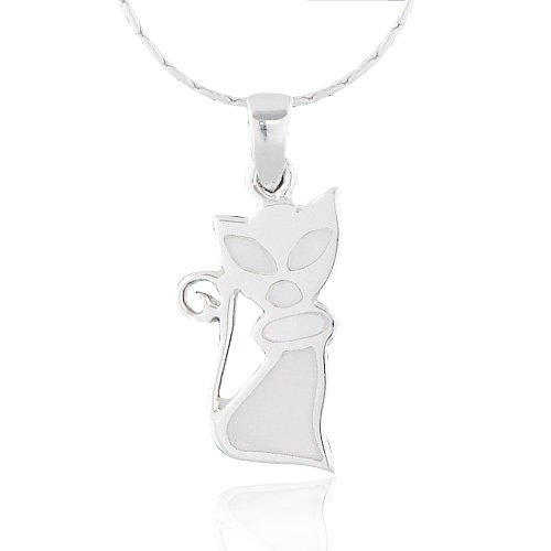 Sterling Silver Natural White Mother of Pearl Shell Cat Pendant Necklace for Women 18'' รูปที่ 1