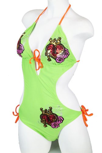 Swimsuit Lime Green Triangle Top & Tie Side Bottom Sequins Monokini Bathing Suit (Type one Piece) รูปที่ 1