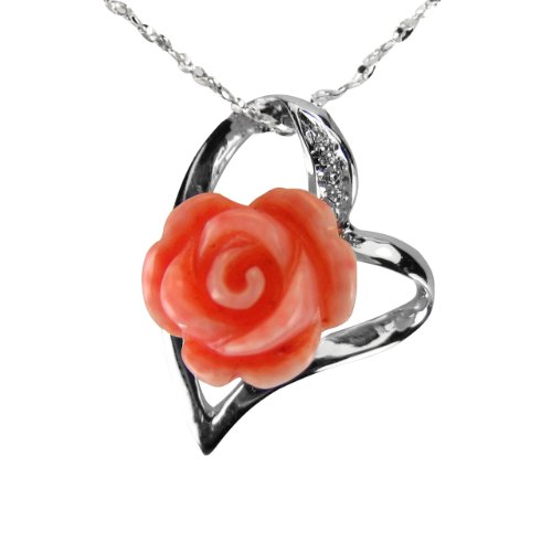 Red Coral Rose Heart Shaped Platinum Overlay CAREFREE Sterling Silver Pendant Necklace (Length: 16