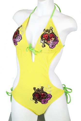 Swimsuit Yellow Triangle Top & Tie Side Bottom Sequins Monokini Bathing Suit (Type one Piece) รูปที่ 1