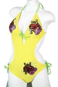 Swimsuit Yellow Triangle Top & Tie Side Bottom Sequins Monokini Bathing Suit (Type one Piece)