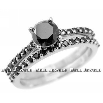 1.64ct Fancy Black Diamond Engagement/Wedding Ring Band Set 14k White Gold Set รูปที่ 1