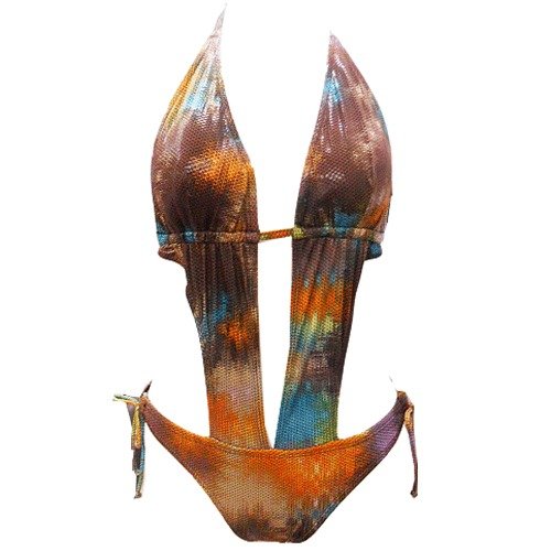 Swimsuit Plunge Monokini Brown Turquoise Tie-Dye Print (Type one Piece) รูปที่ 1