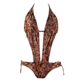 Swimsuit Plunge Monokini Brown Snake Print (Type one Piece)