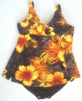 Swimsuit Plus Size Skirt-Front 1PC Swimsuit in Brown/Gold Floral. Sizes 1X, 2X, 3X (Type one Piece)