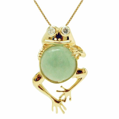 Gold Plated Sterling Silver Green Chinese Jade Frog with Cubic Zirconia Pendant รูปที่ 1