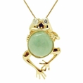 Gold Plated Sterling Silver Green Chinese Jade Frog with Cubic Zirconia Pendant