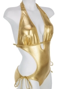 Swimsuit Gold Halter Tie Side Monokini Swimsuit with Removable Soft Pads (Type one Piece)