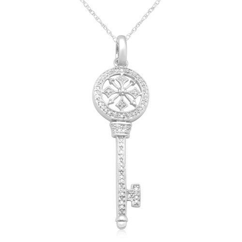 10k White Gold Diamond Key Pendant (1/6 cttw, I-J Color, I3 Clarity), 18'' รูปที่ 1