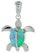 Sterling Silver Hawaiian Sea Turtle Pendant, Inlaid w/ Lab Opal 13/16