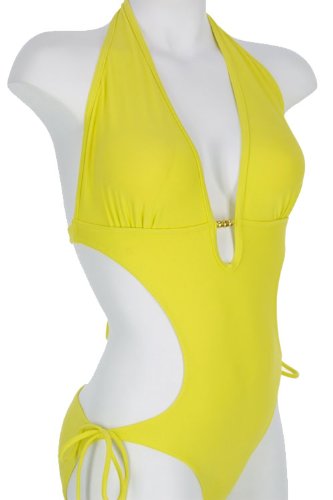 Swimsuit Yellow Halter Tie Side Monokini Swimsuit with Removable Soft Pads (Type one Piece) รูปที่ 1