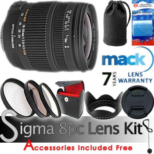 Sigma 18-50mm F2.8-4.5 DC OS HSM Lens for Nikon D1, D1H, D1X, D2X, D2Xs, D2H, D2Hs, D3, D3X Cameras. FREE 7pc Bundle Includes: 7 Year Warranty + 4pc Filter Set (3 Filters - UV, Polarizer, Fluorescent - with Case) + Lens Hood + Lens Pouch + Front and Rear Lens Cap + Lens Cap Keeper (Leash) + 2pc Advanced Microfiber Cleaning Kit. ( Sigma Lens ) รูปที่ 1