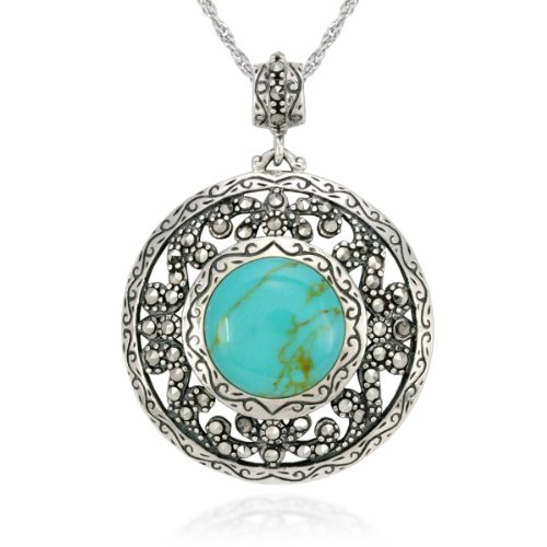 Sterling Silver Marcasite and Synthetic Turquoise Round Pendant, 18