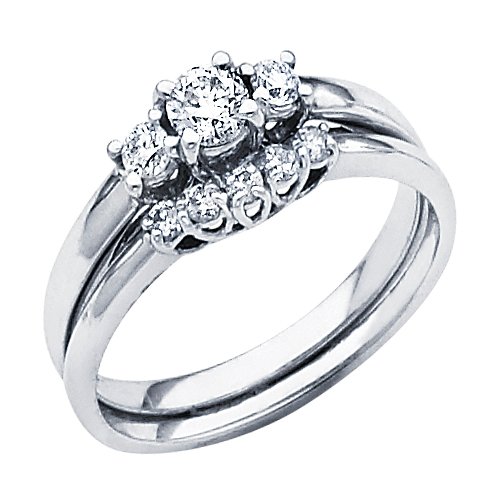 14K White Gold 3 Stone Diamond Matching Engagement Wedding Ring Band 2 Pieces Bridal Set (1/2 CTW., GH, SI) รูปที่ 1