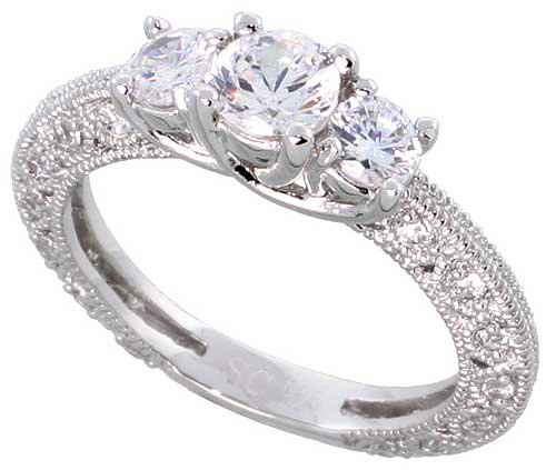 Sterling Silver Vintage Style Engagement Ring, w/ two 4mm (.25 ct) & one 5mm (.5 ct) Round CZ Stones, 3/16