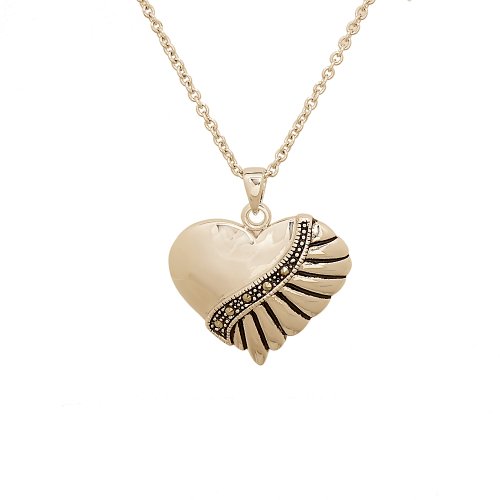 Puffed Heart Pendant with Ribbed Design and Genuine Marcasite รูปที่ 1