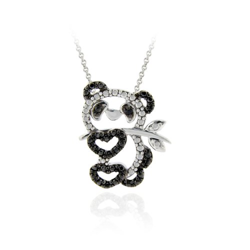 Sterling Silver Black Diamond Accent Panda Bear Pendant รูปที่ 1