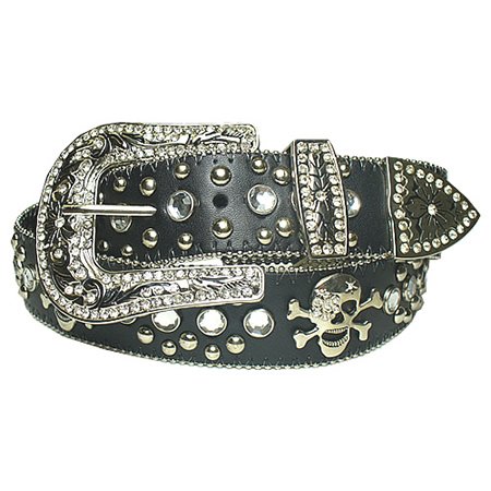 New Black Rhinestone Studded Skull Leather Belt M 34 36  รูปที่ 1