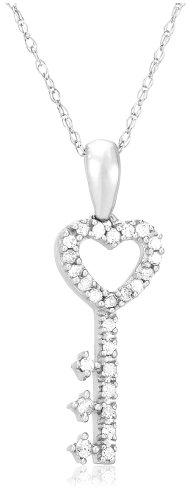 10k White or Yellow Gold Diamond Heart Key Pendant (1/8 cttw, I-J Color, I2-I3 Clarity) รูปที่ 1