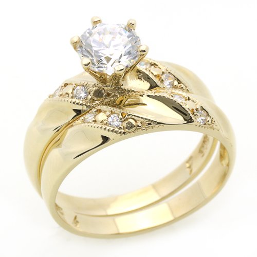 14K Engagement Ring 1ctw CZ Cubic Zirconia Solitaire Ring Set Yellow Gold Ring รูปที่ 1