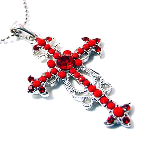 Silvertone Red Floret Detailed Cross Pendant Necklace Fashion Jewelry รูปที่ 1