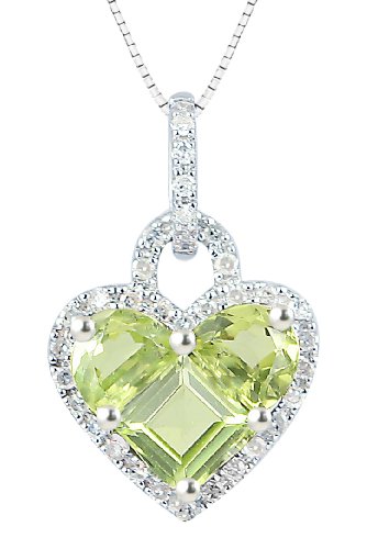 10k White or Yellow Gold Half Moon and Princess Peridot Stone Set and Diamond Heart Pendant (1/5 cttw, I Color, I2-I3 Clarity), 18